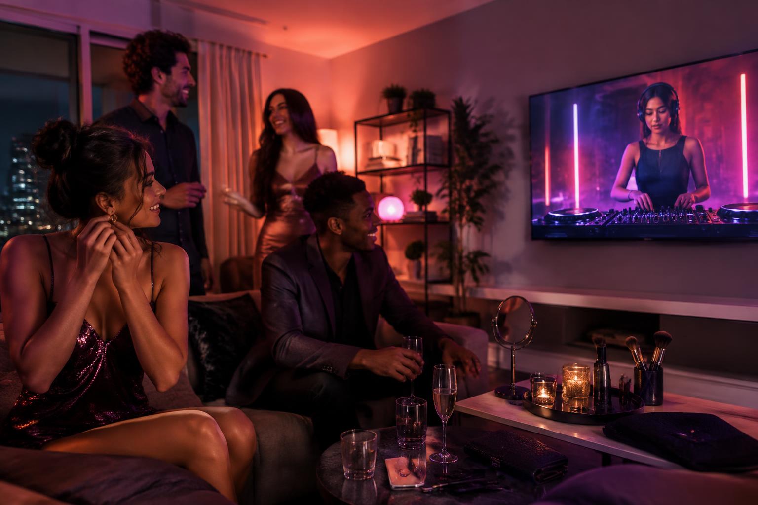Friends getting ready while an AI DJ plays on television